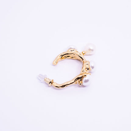 Vintage Textured Hoop Earrings with Freshwater Pearls - Gold Molten Design