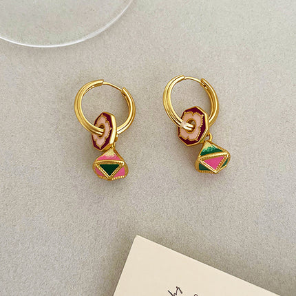 Coloured Enamel Earrings Vintage Dangle Hoop Drop Floral Butterfly Geometric Charm