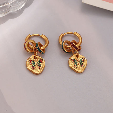 Coloured Enamel Earrings Vintage Dangle Hoop Drop Floral Butterfly Geometric Charm