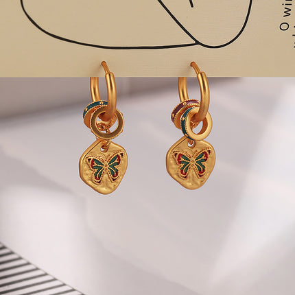 Coloured Enamel Earrings Vintage Dangle Hoop Drop Floral Butterfly Geometric Charm
