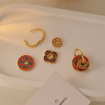 Coloured Enamel Earrings Vintage Dangle Hoop Drop Floral Butterfly Geometric Charm