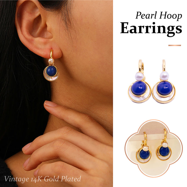 French Vintage Pearl Drop Earrings with Shell and Blue Stone Accent - Detachable Design