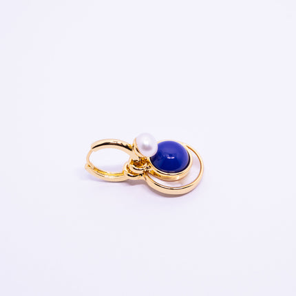French Vintage Pearl Drop Earrings with Shell and Blue Stone Accent - Detachable Design
