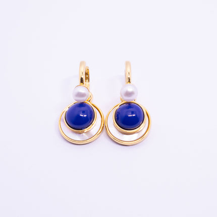 French Vintage Pearl Drop Earrings with Shell and Blue Stone Accent - Detachable Design