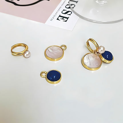 French Vintage Pearl Drop Earrings with Shell and Blue Stone Accent - Detachable Design