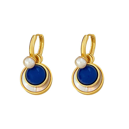 French Vintage Pearl Drop Earrings with Shell and Blue Stone Accent - Detachable Design