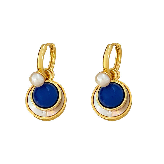French Vintage Pearl Drop Earrings with Shell and Blue Stone Accent - Detachable Design