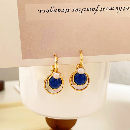 French Vintage Pearl Drop Earrings with Shell and Blue Stone Accent - Detachable Design