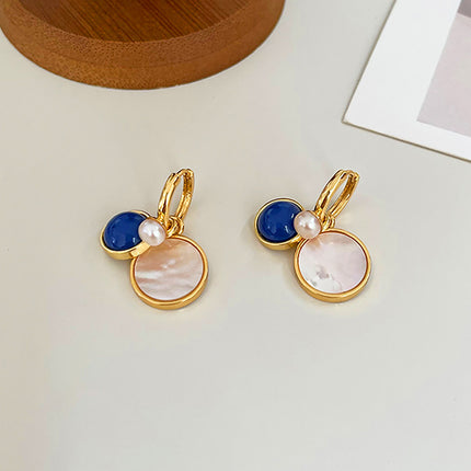 French Vintage Pearl Drop Earrings with Shell and Blue Stone Accent - Detachable Design