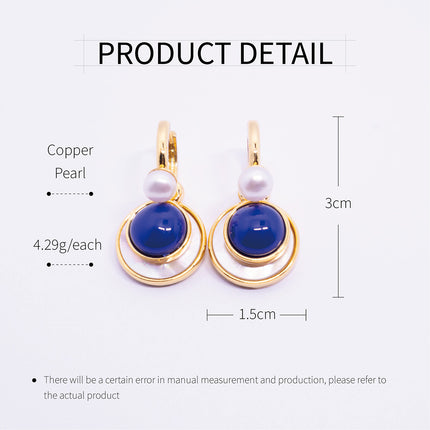 French Vintage Pearl Drop Earrings with Shell and Blue Stone Accent - Detachable Design