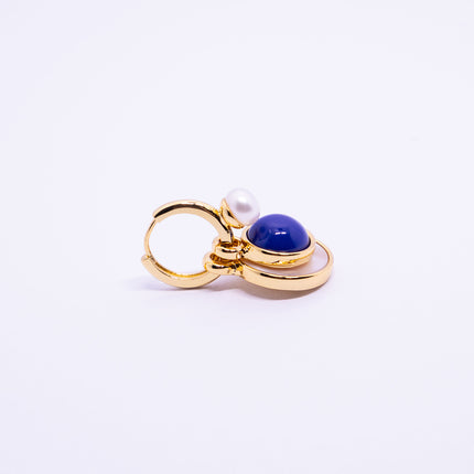 French Vintage Pearl Drop Earrings with Shell and Blue Stone Accent - Detachable Design