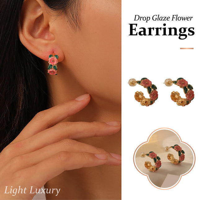 Vintage Enamel Camellia Hoop Earrings French Style Floral Drop Glaze Design
