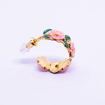 Vintage Enamel Camellia Hoop Earrings French Style Floral Drop Glaze Design