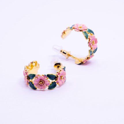 Vintage Enamel Camellia Hoop Earrings French Style Floral Drop Glaze Design