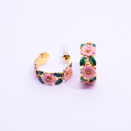 Vintage Enamel Camellia Hoop Earrings French Style Floral Drop Glaze Design