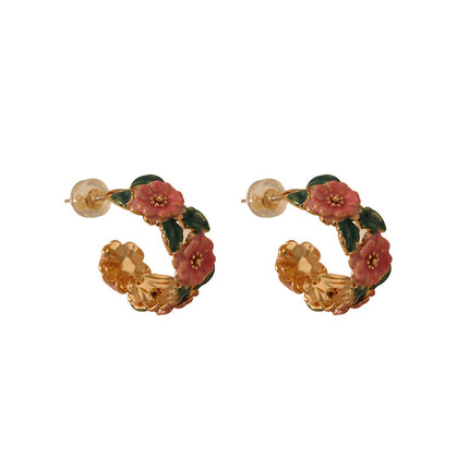 Vintage Enamel Camellia Hoop Earrings French Style Floral Drop Glaze Design