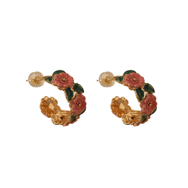 Vintage Enamel Camellia Hoop Earrings French Style Floral Drop Glaze Design