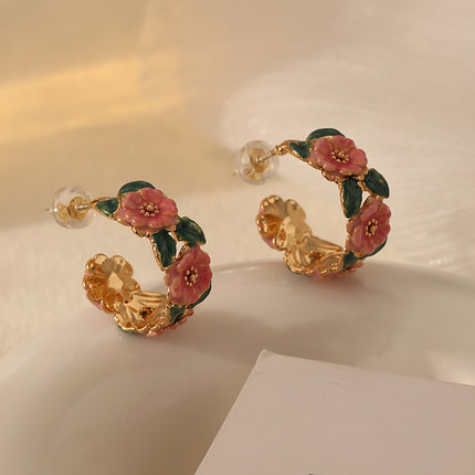 Vintage Enamel Camellia Hoop Earrings French Style Floral Drop Glaze Design