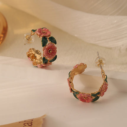 Vintage Enamel Camellia Hoop Earrings French Style Floral Drop Glaze Design
