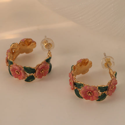 Vintage Enamel Camellia Hoop Earrings French Style Floral Drop Glaze Design