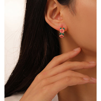 Vintage Enamel Camellia Hoop Earrings French Style Floral Drop Glaze Design