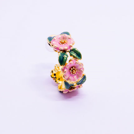 Vintage Enamel Camellia Hoop Earrings French Style Floral Drop Glaze Design