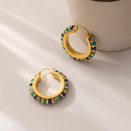 Vintage Turquoise Hoop Earrings Handmade Beaded Brass Drop Earrings for Women