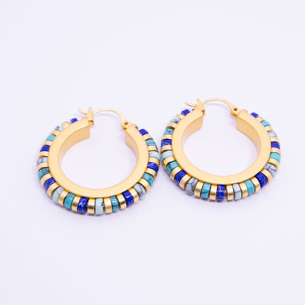 Vintage Turquoise Hoop Earrings Handmade Beaded Brass Drop Earrings for Women
