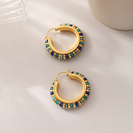 Vintage Turquoise Hoop Earrings Handmade Beaded Brass Drop Earrings for Women