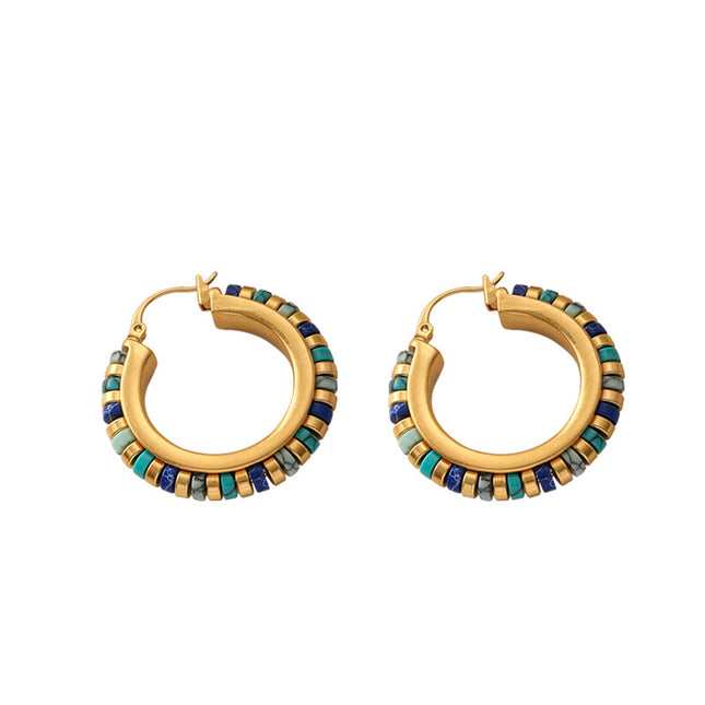 Vintage Turquoise Hoop Earrings Handmade Beaded Brass Drop Earrings for Women