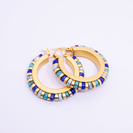 Vintage Turquoise Hoop Earrings Handmade Beaded Brass Drop Earrings for Women