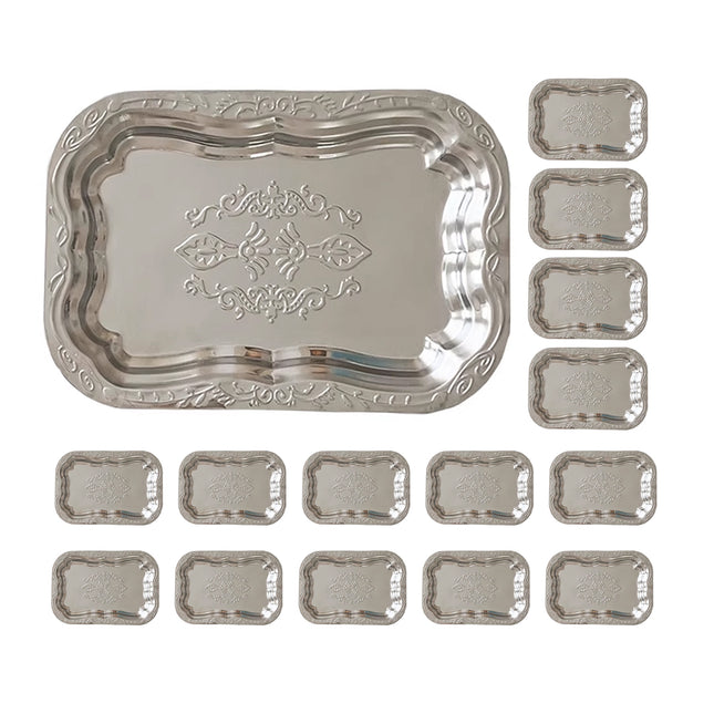 15 Pack Embossed Stainless Steel Decorative Tray Silver Display Storage Tray