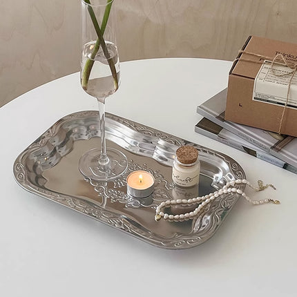 15 Pack Embossed Stainless Steel Decorative Tray Silver Display Storage Tray