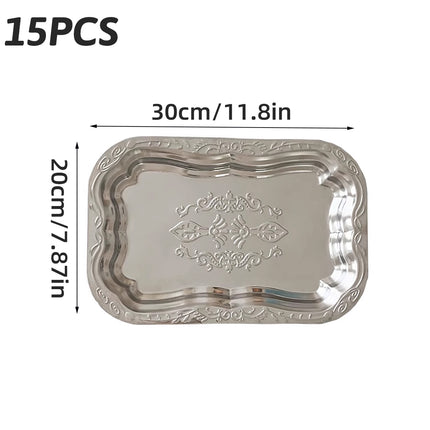 15 Pack Embossed Stainless Steel Decorative Tray Silver Display Storage Tray