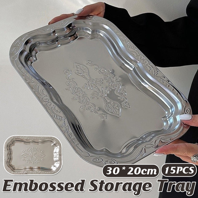 15 Pack Embossed Stainless Steel Decorative Tray Silver Display Storage Tray
