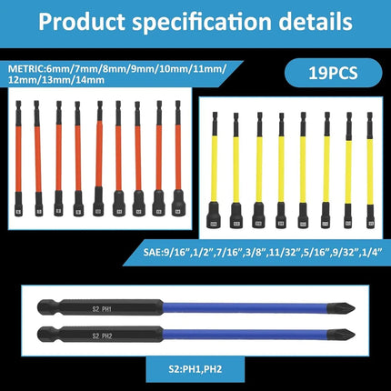 19PCS 6-14mm Secure Nut Driver Socket Set Durable for Car Bike Repair Use
