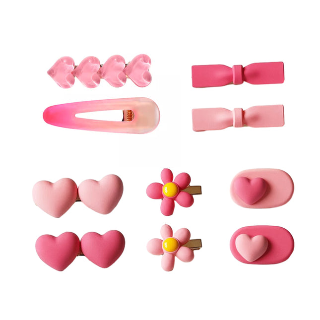 Cute Pink Hair Clips Set for Girls with Hearts Flowers and Bows Resin Hair Accessories