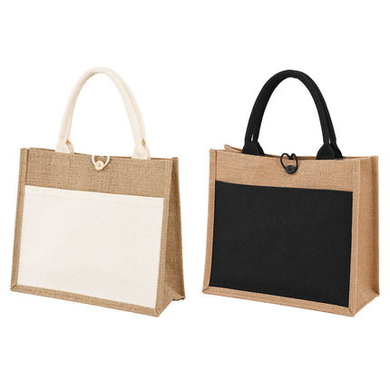 Jute Canvas Tote Bag Button Closure Front Pocket