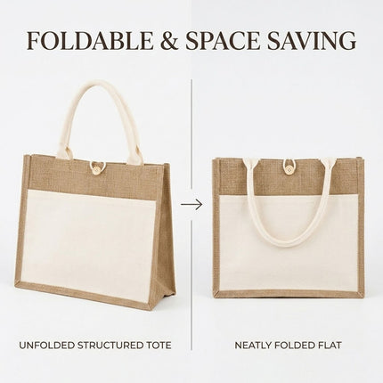 Jute Canvas Tote Bag Button Closure Front Pocket