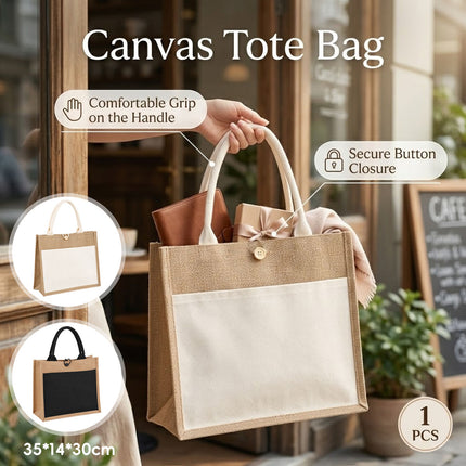 Jute Canvas Tote Bag Button Closure Front Pocket