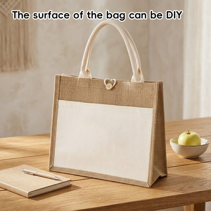Jute Canvas Tote Bag Button Closure Front Pocket