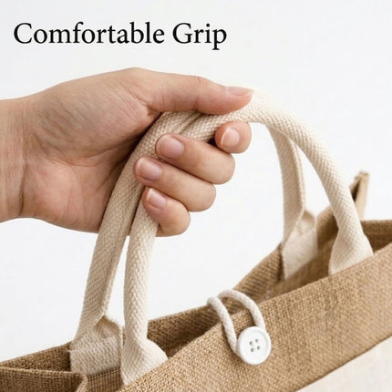 Jute Canvas Tote Bag Button Closure Front Pocket