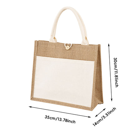Jute Canvas Tote Bag Button Closure Front Pocket