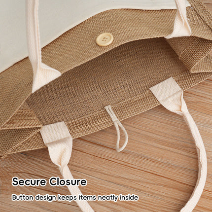 Jute Canvas Tote Bag Button Closure Front Pocket