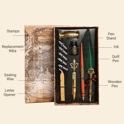 Vintage Calligraphy Quill Pen Set with Ink Wax Seal and Letter Opener  Description