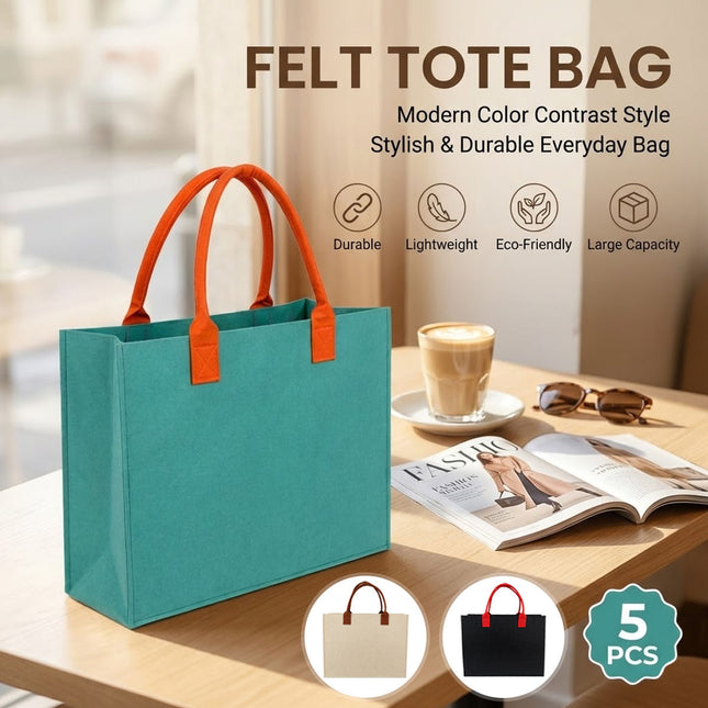 Felt Tote Bags 5 Pack Contrast Handles Three Colours