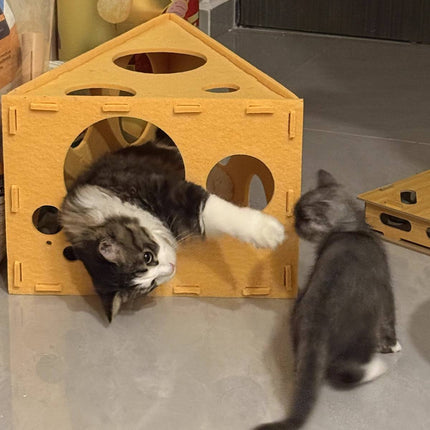 Felt Cheese Wedge Cat Bed Hideaway with Play Holes