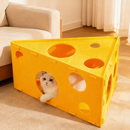 Felt Cheese Wedge Cat Bed Hideaway with Play Holes