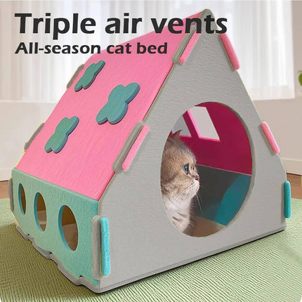 Felt Cat House Villa Indoor Semi Enclosed Kitten Bed Cottage Pink or Green