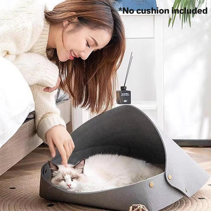 Semi-Enclosed Felt Cat Bed Foldable Removable Cozy Sleeping House for Cats